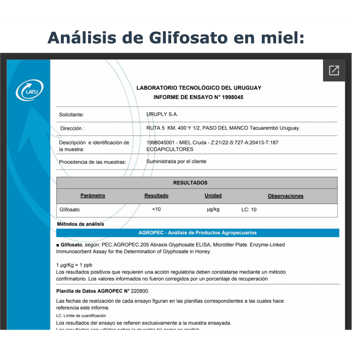 Informe LATU — análisis de glifosato Ecoapi
