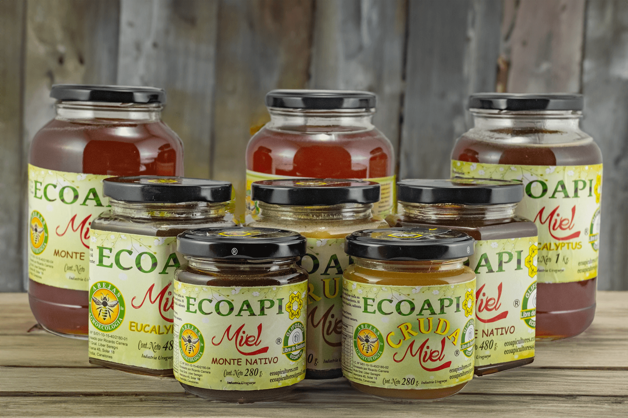 Todos los frascos de miel Ecoapi — miel analizada con control de glifosato